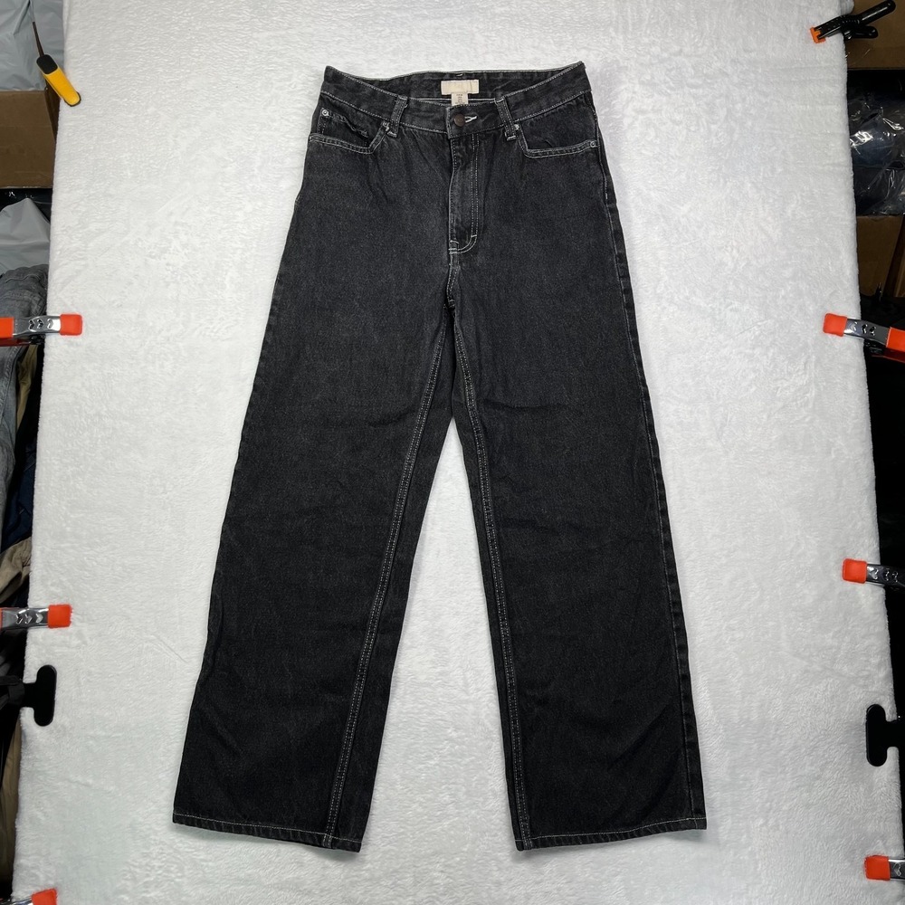 H&M Jeans Womens 8 Black Denim Cotton Stretch High Rise Dark Wash Straight Leg
